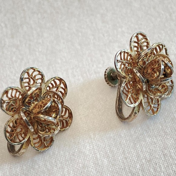 Mexico Sterling Earrings Vintage Flower Filagree Screw Back - Picture 1 of 11